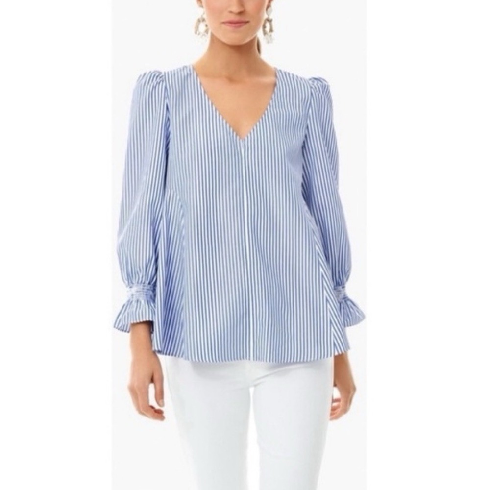 Tuckernuck‎ V-Neck Long Sleeve Easton Blouse Top Shirt Blue Striped Size M